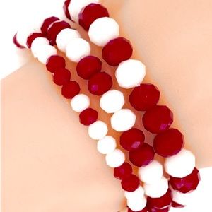 1083-3Pcs Strand Glass Bead Stretch Bracelet- Dark Red/White